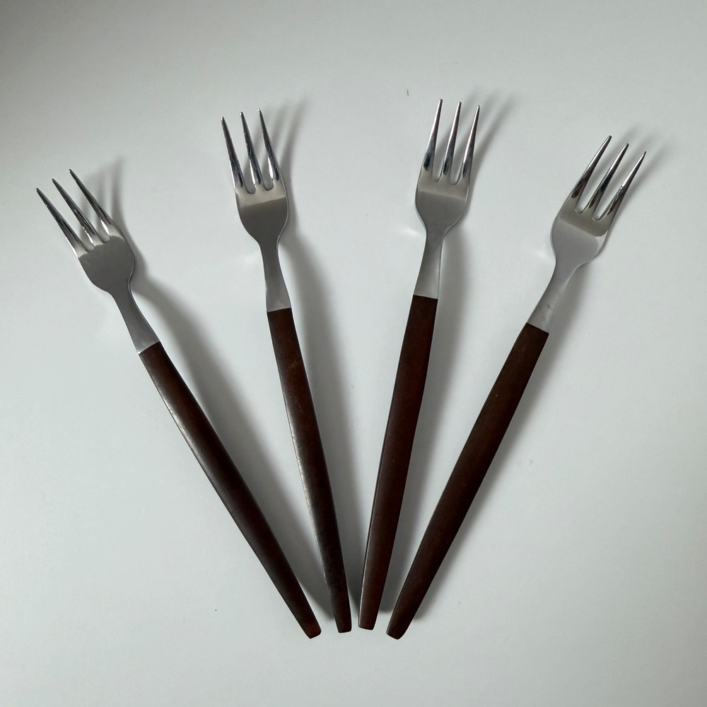 Ekco Eterna Cocktail Forks Set of 4 Brown Faux Wood Handle Stainless Japan MCM‎